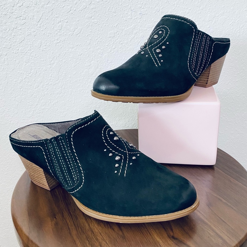 🍓 Earth Boho Wester Mendon Wide Black Leather Studded Slip On Mules 9D